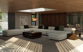 Living Room | mid century modern reading corner in cosy neutral style with Denis white modular sofa, Iggy retro curvy floor lamp, Alice table lamp, brown wood center table for storage, rug, wood wall panel, cushion, and curtain