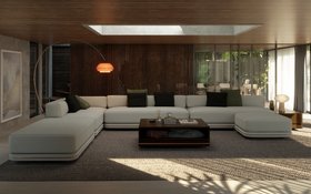 Living Room | mid century modern reading corner in cosy neutral style with Denis white modular sofa, Iggy retro curvy floor lamp, Alice table lamp, brown wood center table for storage, rug, wood wall panel, and cushion