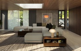 Living Room | mid century modern reading corner in cosy neutral style with Denis white modular sofa, Iggy retro curvy floor lamp, Alice table lamp, brown wood side table for storage, rug, cushion, and curtain