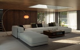 Living Room | mid century modern reading corner in cosy neutral style with Denis white modular sofa, Iggy retro curvy floor lamp, Alice table lamp, brown wood center table for storage, rug, wood wall panel, and cushion