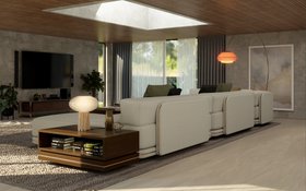 Living Room | mid century modern reading corner in cosy neutral style with Denis white modular sofa, Iggy retro curvy floor lamp, Alice table lamp, brown wood side table for storage, rug, tv area, and curtain