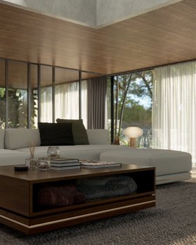 Living Room | spring/summer decor in cosy neutral style with Denis white modular sofa, Alice table lamp, brown wood center table for storage, rug, and cushion