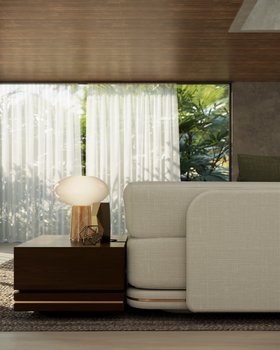 Living Room | spring/summer decor in cosy neutral style with Denis white sofa, Alice table lamp, and brown wood side table