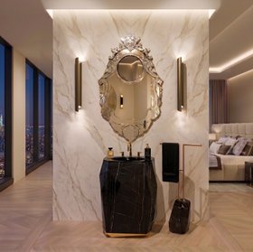 Bathroom | ensuite bathroom in marble finishes with Diamond dark washbasin and cabinet for storage, Veneto rococo wall mirror, Diamond towel rack, Cyrus wall lamp, and wood flooring
