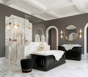 Bathroom | black and white paint bathroom in modern classic style with Petra dark bathtub, Petra washbasin and cabinet for storage, Noir stool, Magma gold wall mirror, Tycho wall lamp, shower cabin, and marble flooring