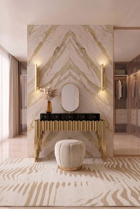 Bedroom Closet | marble dressing area with Symphony gold and dark vanity cabinet for storage, Florence cosy retro stool, Cyrus gold wall lamp, Kotta neutral rug, and small mirror