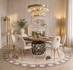 Dining Room | mid century modern dining area with Apis brown wood dining table, Soleil white dining chair, Naicca gold chandelier, Metamorphosis neutral rug, Palatino display case for storage, Cyrus floor lamp, stove, candle, vase, and wood flooring