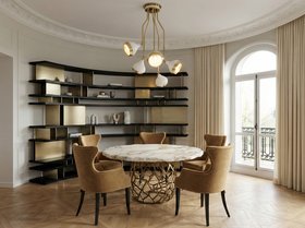 Dining Room | cosy neutral dining area in mid-century modern style with Apis white marble dining table, Dukono curvy brown dining chair, Lallan bookcase for storage, Hanna retro gold suspension lamp, curtain, and wood flooring