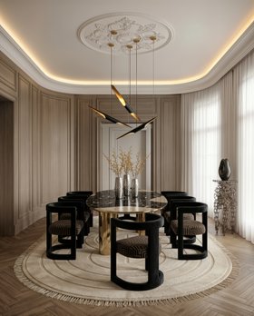 Dining Room | cosy elegant dining area in mid century modern style with Rukay curvy dark and bold armchair, Ophelia marble dining table, Coltrane retro suspension lamp, Cygnus display table, Kleopatra cosy neutral rug, curtain, and wood flooring