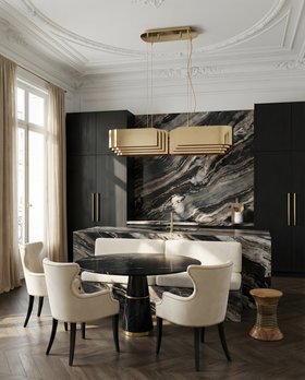 Dining Room | kitchen dine in black and white tones with Agra dark marble dining table, Dukono curvy dining chair, Vaughan retro gold suspension lamp, Padaung stool, sofa, cabinet for storage, curtain, and wood flooring