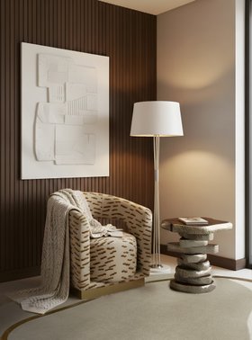 Living Room | autumn/winter reading corner in mid century modern style with Ellen retro curvy armchair, Miles white floor lamp, Latza side table, Blush neutral rug, wall art, and brown wood wall panel