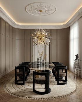Dining Room | cosy elegant dining area in art deco style with Rukay curvy dark and bold armchair, Ophelia marble dining table, Outburst gold chandelier, Cygnus display table, Kleopatra neutral rug, curtain, and wood flooring