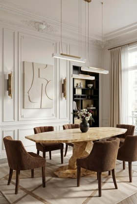 Dining Room | elegant neutral dining area in modern classic style with Begonia curvy brown dining chair, Bonsai wood dining table, Skyline marble suspension lamp, Cyrus gold wall lamp, Lallan dark bookcase for storage, Bauhau neutral rug, curtain, wall ar