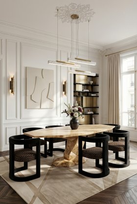 Dining Room | elegant neutral dining area in modern classic style with Rukay curvy dark and bold armchair, Bonsai wood dining table, Skyline marble suspension lamp, Cyrus gold wall lamp, Lallan bookcase for storage, Bauhau rug, curtain, wall art, and vase