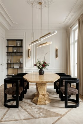 Dining Room | elegant neutral dining area in modern classic style with Rukay curvy dark and bold armchair, Bonsai wood dining table, Skyline marble suspension lamp, Cyrus gold wall lamp, Lallan bookcase for storage, Bauhau rug, and vase