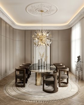 Dining Room | cosy elegant dining area in art deco style with Rukay curvy brown and bold armchair, Ophelia marble dining table, Outburst gold chandelier, Cygnus display table, Kleopatra neutral rug, curtain, and wood flooring