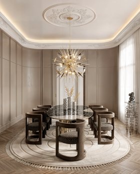 Dining Room | cosy elegant dining area in art deco style with Rukay curvy brown and bold armchair, Ophelia marble dining table, Outburst gold chandelier, Cygnus display table, Kleopatra neutral rug, curtain, and wood flooring