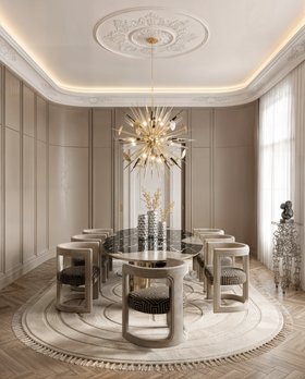 Dining Room | cosy elegant dining area in art deco style with Rukay curvy neutral and bold armchair, Ophelia marble dining table, Outburst gold chandelier, Cygnus display table, Kleopatra neutral rug, curtain, and wood flooring