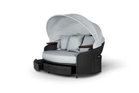 Outdoor Garden | Galea grey daybed, cushion, parasol, and storage compartments