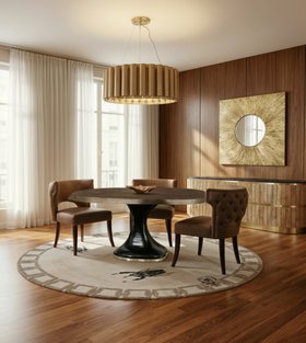Dining Room | autumn/winter dining area in mid-century modern style with Plateau black lacquer dining table, Kansas curvy dining chair, Aurum suspension lamp, Golden Bugs animal print rug, Huli gold wall mirror, Antin retro sideboard for storage, brown wo
