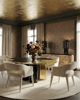 Dining Room | autumn/winter dining area in art deco style with Stola curvy white dining chair, Warao round rug, Ophelia dark and gold dining table, Cyrus table lamp, Antin retro sideboard for storage, wallpaper, vase, and curtain