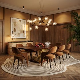Dining Room | autumn/winter dining area in art deco style with Tellus curvy brown dining chair, Metamorphosis dining table, Loode neutral rug, Horus glass suspension lamp, Basie retro table lamp, Antin sideboard for storage, wall art, and wood flooring