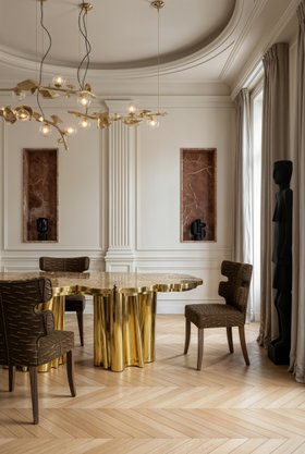 Dining Room | autumn/winter dining area in modern classic style with Fortuna gold dining table, Gaia curvy brown dining chair, Hera suspension lamp, marble shelf for storage, dark sculpture, curtain, and wood flooring