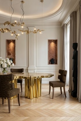 Dining Room | autumn/winter dining area in modern classic style with Fortuna gold dining table, Gaia curvy brown dining chair, Hera suspension lamp, marble shelf for storage, wall lamp, dark sculpture, curtain, vase, and wood flooring