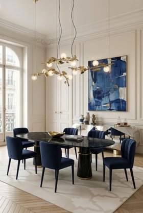 Dining Room | autumn/winter dining area in modern classic style with Agra dark marble dining table, Dalyan deep blue dining chair, Hera gold suspension lamp, Diamond pyrite sideboard, Dara white rug, wall art, and wood flooring