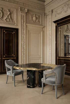 Dining Room | beige paint dining area in rococo style with Ophelia dark marble and gold dining table and Nº20 curvy grey dining chair