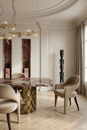 Dining Room | autumn/winter dining area in modern classic style with Tellus curvy beige dining chair, Koi rosso levanto marble dining table, Hera gold suspension lamp, dark sculpture, curtain, and wood flooring