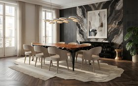 Dining Room | mid-century modern dining area with Royal brown and dark dining table, Stola curvy white dining chair, Carter retro suspension lamp, Lucy cosy rug, Shinto console for storage, Padaung stool, marble wall, curtain, and wood flooring