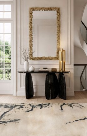 Entryway | luxury hallway in modern classic style with Ardara dark marble console table, Cay rectangle gold wall mirror, Cyrus table lamp, Gobi rug, and wood flooring