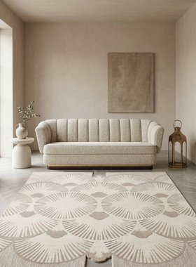 Living Room | spring/summer reading corner in wabi sabi style with Powel cosy white sofa, Deco Square neutral rug, side table, and vase