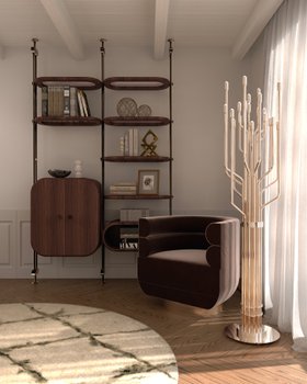 Bedroom | neutral reading corner in mid century modern style with Loren curvy armchair, Minelli brown bookcase for storage, Janis retro gold floor lamp, cosy white rug, curtain, and wood flooring