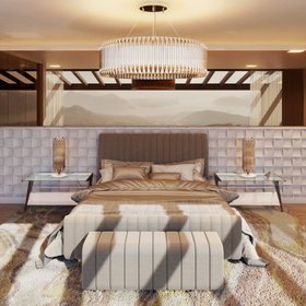 Master Bedroom | neutral bedding area in cosy retro style with Sophia bed, Ugo glass bedside table, Matheny gold table lamp, Matheny chandelier, Minelli ottoman, La Land rug, wall mirror, sheets, and pillows