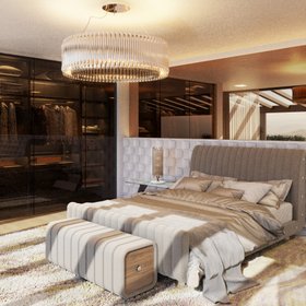 Master Bedroom | neutral bedding area in cosy retro style with Sophia bed, Matheny gold table lamp, Matheny chandelier, Minelli ottoman, La Land rug, closet, wall mirror, sheets, and pillows