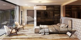 Master Bedroom | neutral bedding area in cosy retro style with Sophia bed, Ugo glass bedside table, Matheny gold table lamp, Matheny chandelier, La Land rug, Hadley armchair, Ivette floor lamp, closet, sheets, pillows, and wood flooring