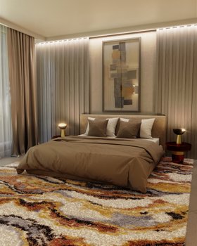 Bedroom | cosy neutral bedding area in mid-century modern style with Taboo red glass bedside table, Mirage small table lamp, La Land rug, double bed, sheets, pillows, curtain, and wall art