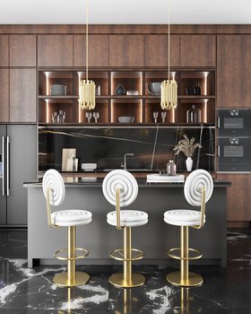 Kitchen | brown wood and dark marble kitchen island in mid-century modern style with Kelly retro white bar chair, Matheny gold pendant lamp, and cabinet for storage