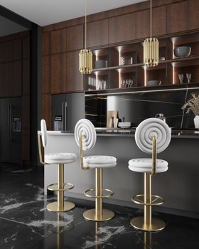 Kitchen | brown wood and dark marble kitchen island in mid-century modern style with Kelly retro white bar chair, Matheny gold pendant lamp, and cabinet for storage