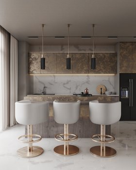 Kitchen | marble kitchen island in neutral tones with Loren curvy grey bar chair, Marcus retro dark pendant lamp, aged brass cabinet for storage, and curtain