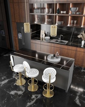 Kitchen | brown wood paint and dark marble kitchen island in mid-century modern style with Kelly retro white bar chair, Matheny gold pendant lamp, and cabinet for storage