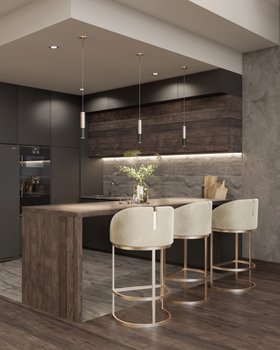 Kitchen | brown wood kitchen island in mid-century modern style with Isadora retro white bar chair, Ike pendant lamp, and cabinet for storage