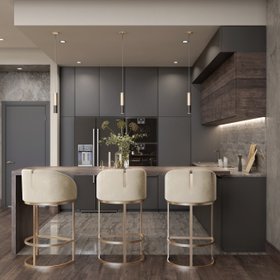 Kitchen | dark paint kitchen island in mid-century modern style with Isadora retro white bar chair, Ike pendant lamp, and cabinet for storage