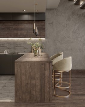 Kitchen | brown wood kitchen island in mid-century modern style with Isadora curvy white bar chair, Ike pendant lamp, and cabinet for storage