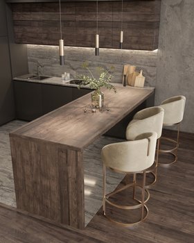 Kitchen | brown wood kitchen island in mid-century modern style with Isadora curvy white bar chair, Ike pendant lamp, and cabinet for storage