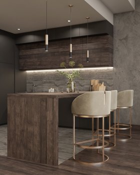 Kitchen | brown wood kitchen island in mid-century modern style with Isadora retro white bar chair, Ike pendant lamp, and cabinet for storage