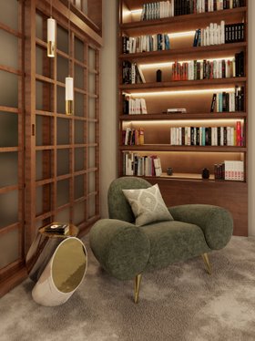 Library | cosy neutral reading corner in retro style with Apollo forest green single sofa, Jacobsen marble and glass side table, Ike suspension lamp, brown wood bookcase for storage, cushion, and grey rug