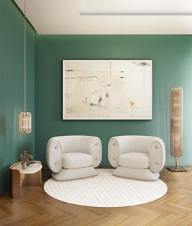 Living Room | turquoise green paint reading corner in retro style with Pierre curvy white single sofa, Matheny gold suspension lamp, Matheny floor lamp, Francis Scott side table, round rug, wall art, and brown wood flooring